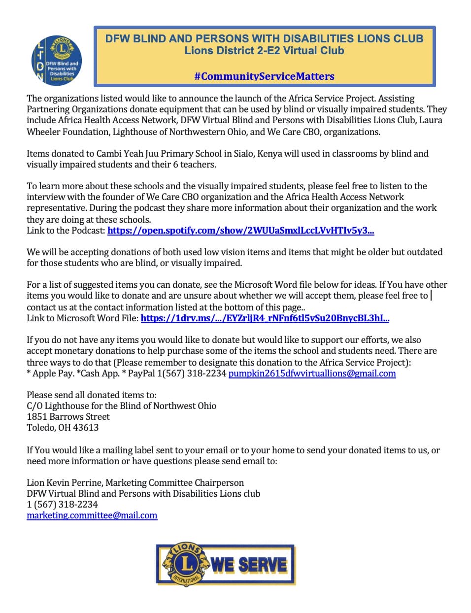 DFW Blind Africa Service Project