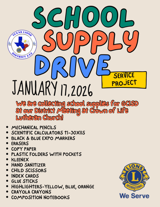 GCISD school supply drive by Texas Lions District 2-22 on January 17, 2026.