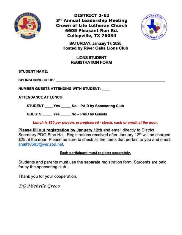Lions Club leadership meeting registration for District 2-E2, River Oaks Colleyville, January 17, 2026.