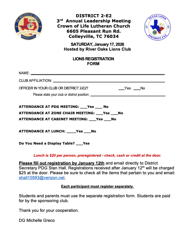 Third Annual Lions District 2-E2 leadership meeting registration at Crown of Life Church, Colleyville.