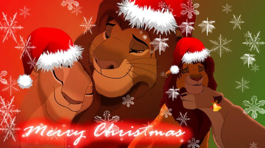 Three animated festive lions wearing Santa hats celebrate Christmas with a lioness amid snowflakes.