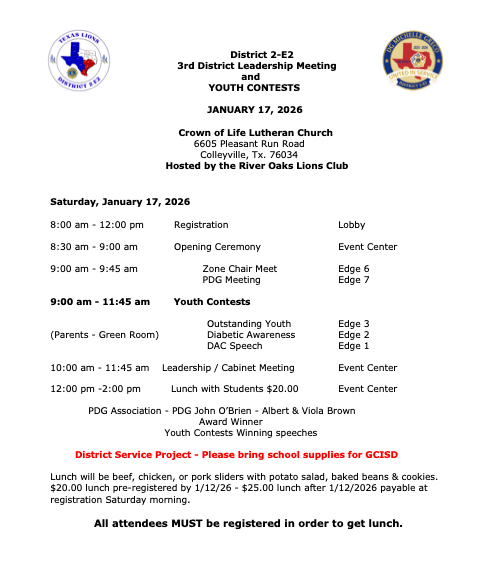 River Oaks Lions Club hosts 3rd District Leadership Meeting and Youth Contests in Colleyville, TX.